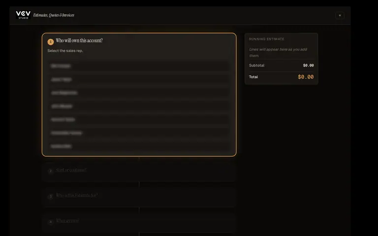 VCV Studio’s estimator, step one, with the running estimate beside it