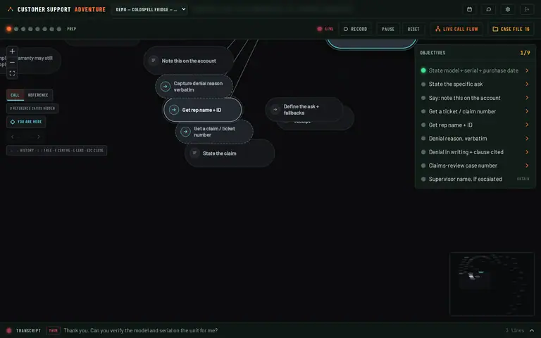 Customer Support Adventure mid-call on a demo case: the call as a flowchart, a checklist of what to get, the transcript