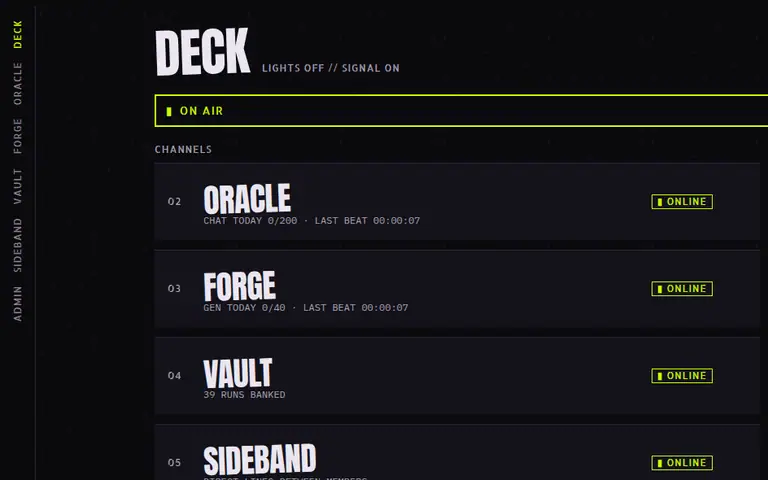 The Mute’s deck, seen by a member: oracle, forge, vault and sideband, all online