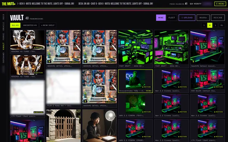 The Mute’s vault, as a member sees it: a grid of their own generated images and clips