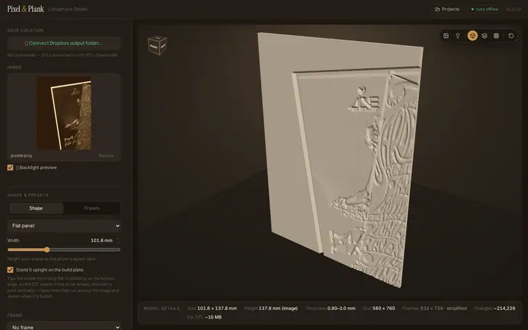 Pixel & Plank: a poster turned into a printable relief, previewed in 3D